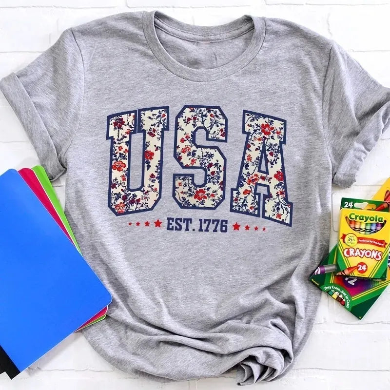 Retro Floral USA Cotton T-Shirt