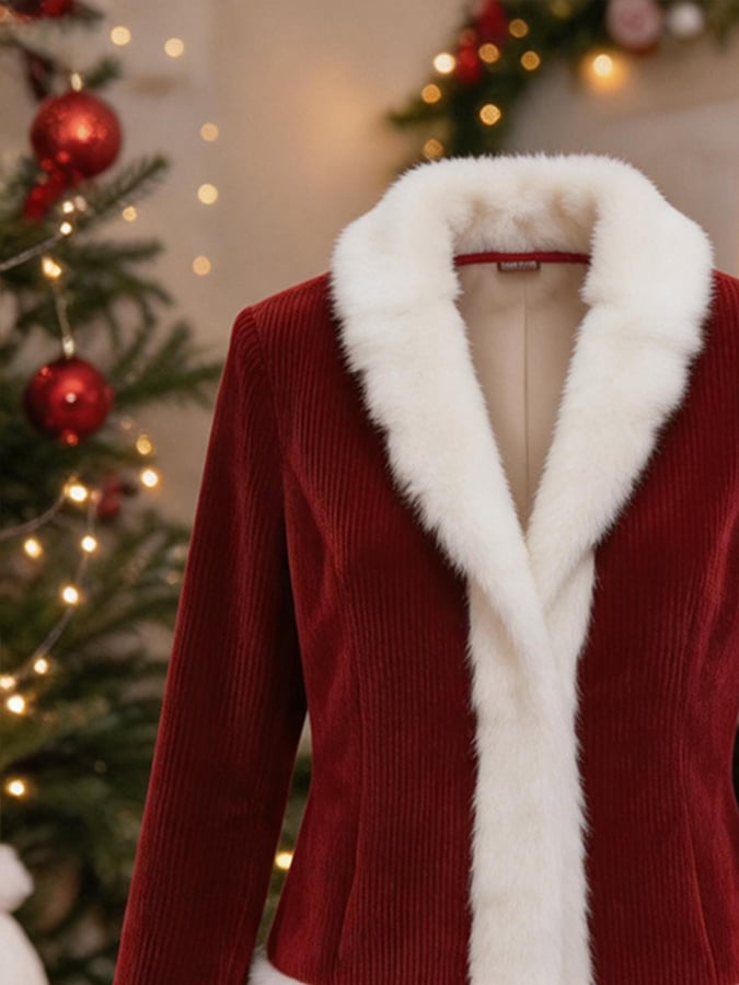 Kurze, weihnachtliche Damenjacke mit Fransen und Farbblockmuster.