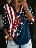 Women's Retro-Art American Flag Crewneck Top with V-Notch