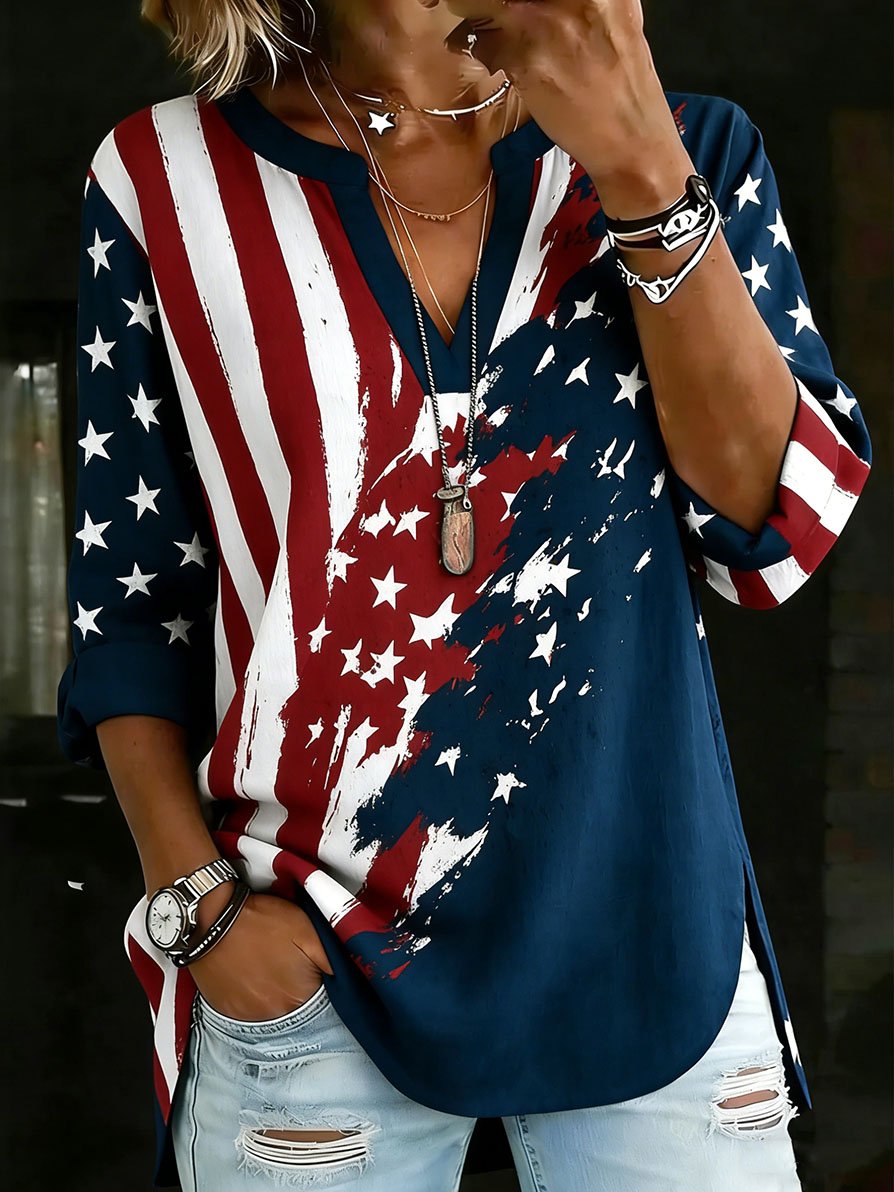 Women's Retro-Art American Flag Crewneck Top with V-Notch