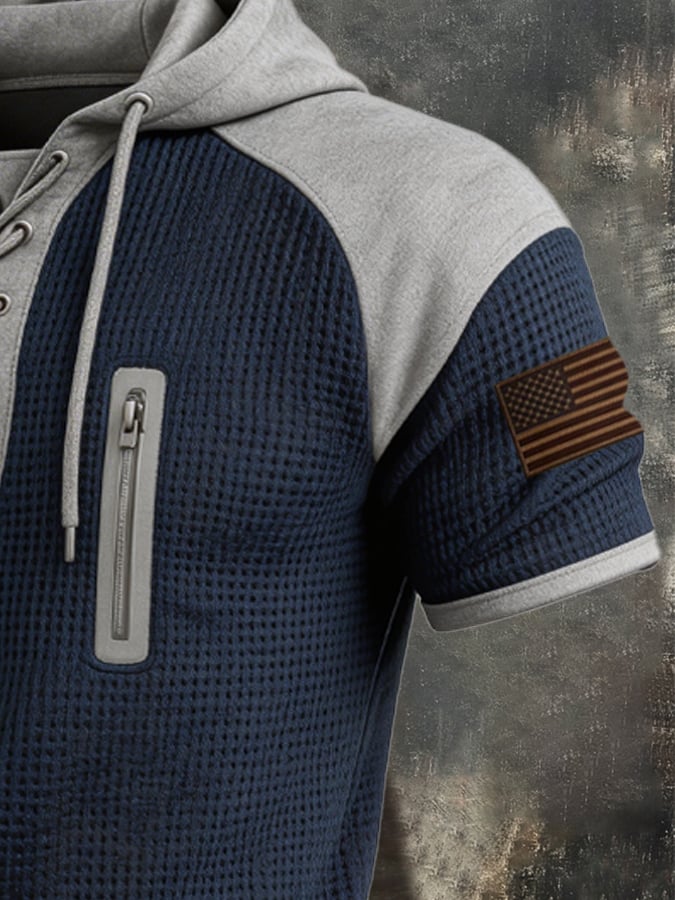 Men's Retro Color-Block T-Shirt with Tie Collar and Zipper Pocket