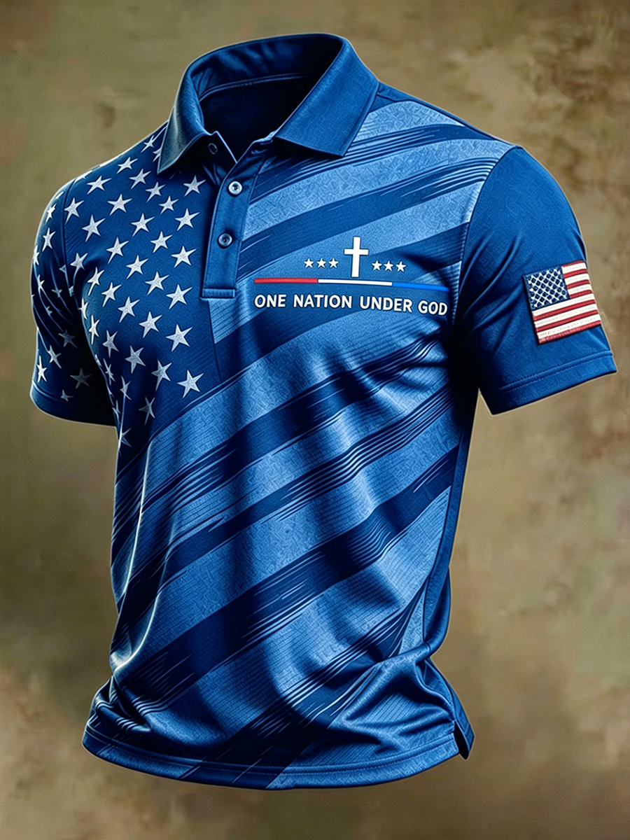 Men's One Nation Under God Cross Star Vintage American Flag Star Stripe Polo Shirt
