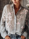Women's Vintage Plum Blossom Embroidered Floral Linen Long Sleeve Shirt