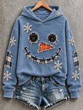 Cute Snowman Face Button & Plaid Patchwork Blue Distressed Hoodie