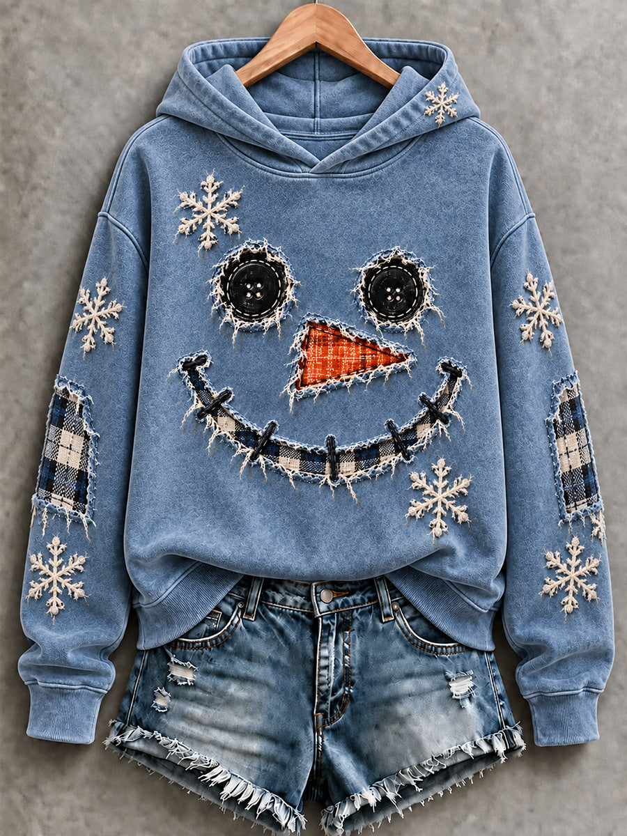 Cute Snowman Face Button & Plaid Patchwork Blue Distressed Hoodie