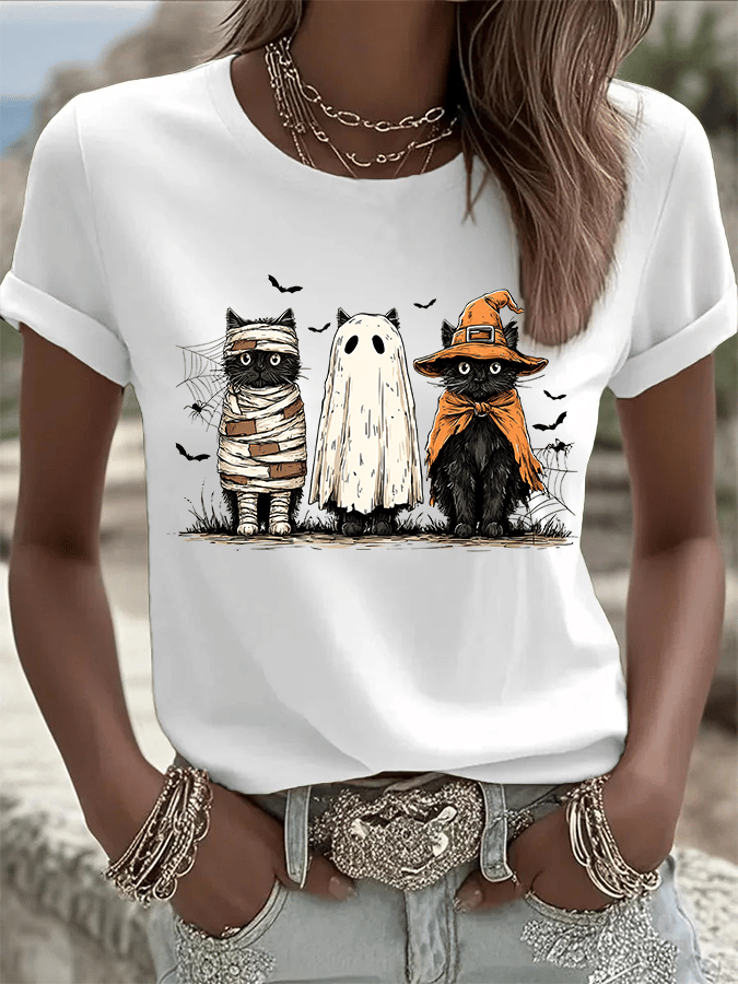 🔥HOT SALE🔥Women's Halloween Cat Print Crew Neck T-Shirt
