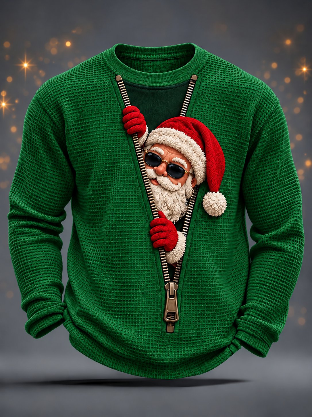 Herren-Weihnachts-Waffel-Langarmshirt mit Weihnachtsmannmotiv