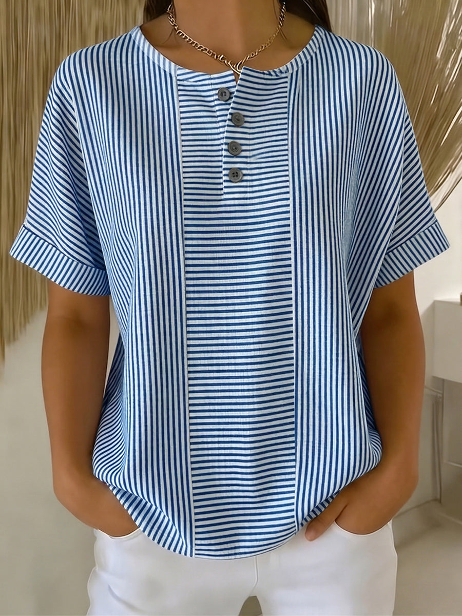 Women's casual striped cotton linen button-down shirt