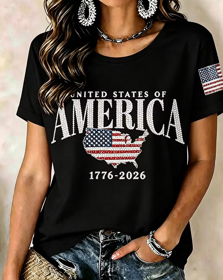 American Independence Day Map Stamp Print Crew Neck Short Sleeve Tshirt