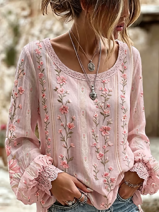 Women's Vintage Floral Breast Cancer Print Top