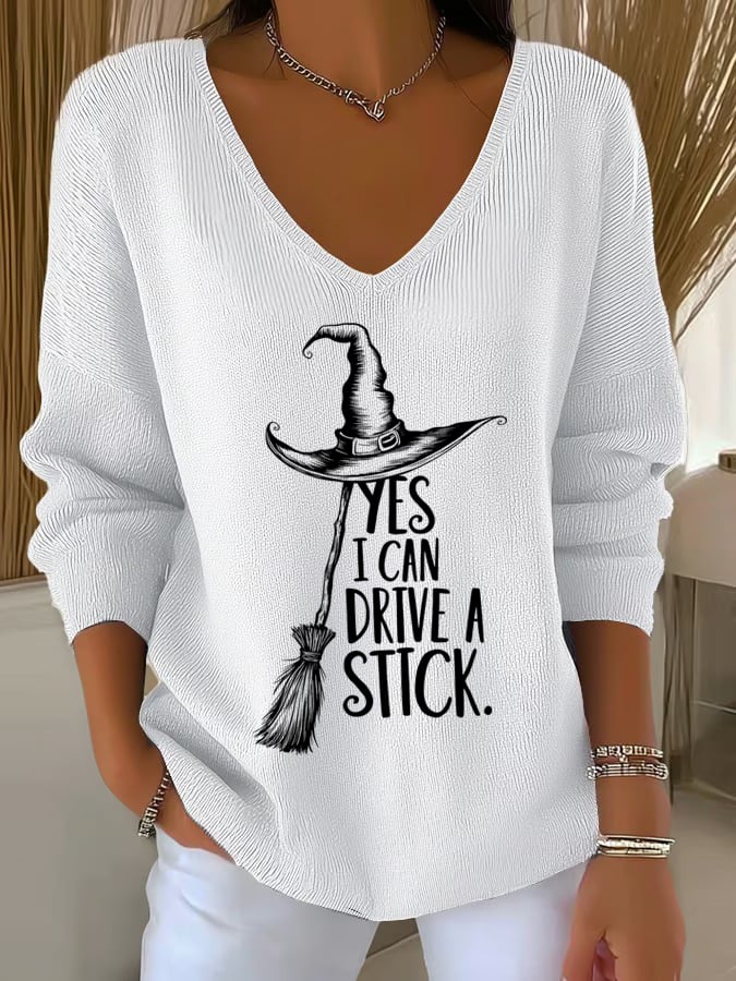 ?Buy 2 Get 10% Off?Women'S Witch "Yes I Can Drive A Stick"  Print Drop Shoulder Sweater