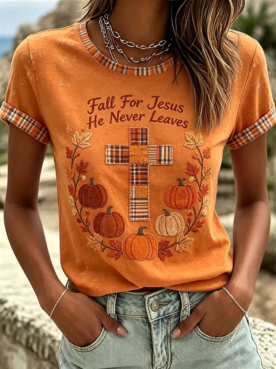 Women's Fall for Jesus He Never Leaves T-Shirt