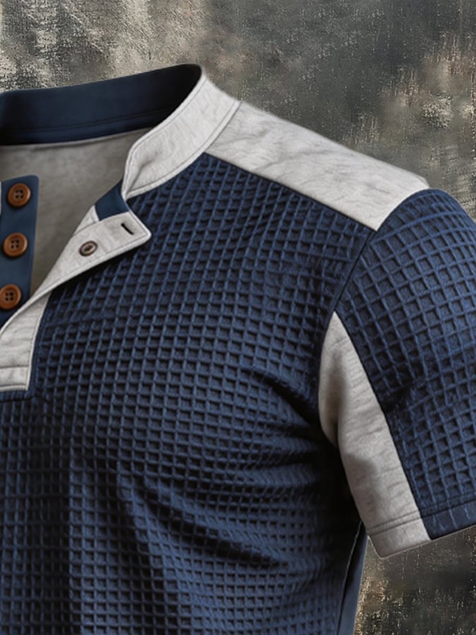 Men's Retro Waffle-Knit Panelled Short-Sleeve Henley T-Shirt