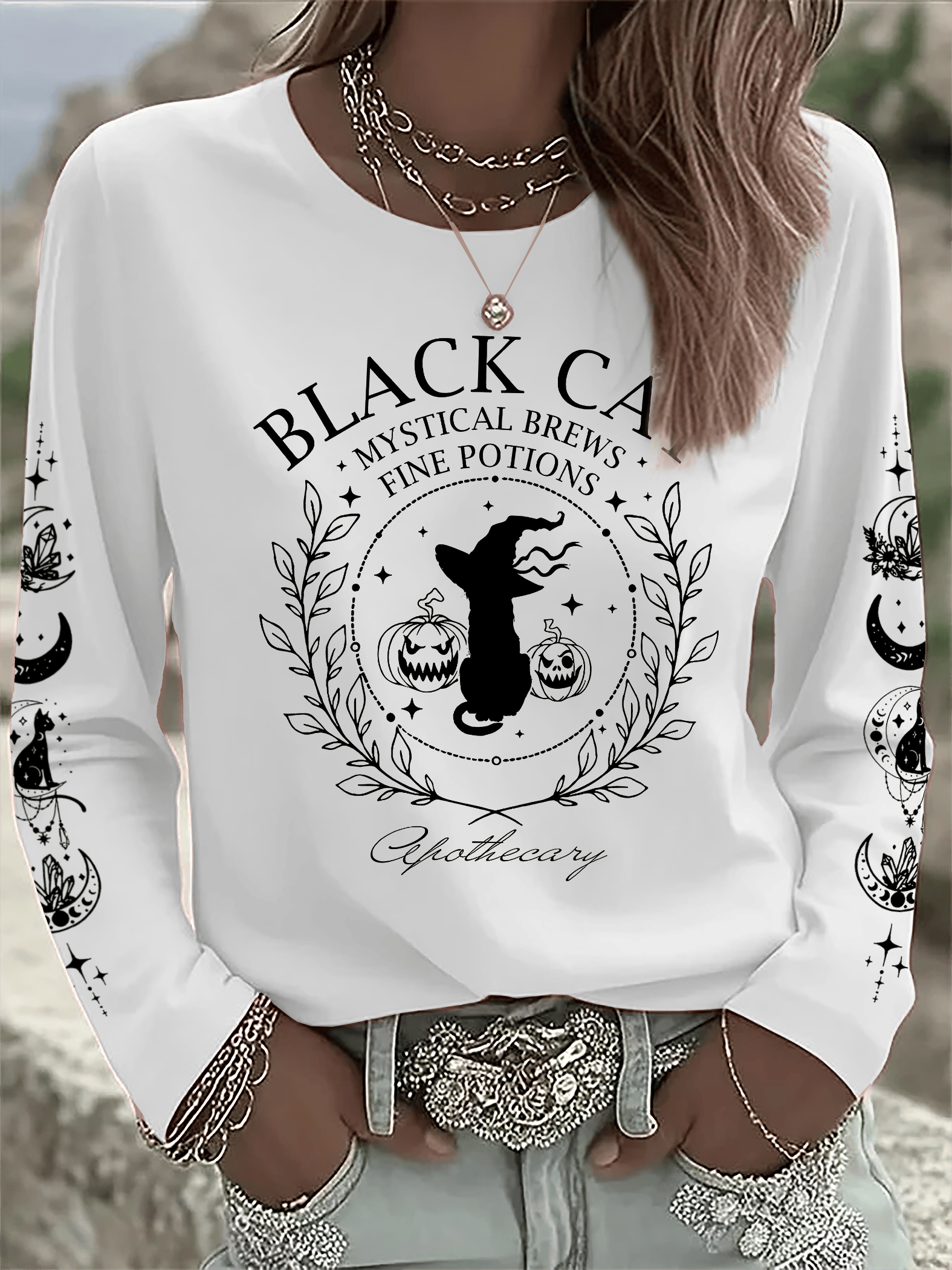 🔥HOT SALE🔥Women's Black Cat Mystical Brews Fine Potions Apothecary Print Long Sleeve T-Shirt