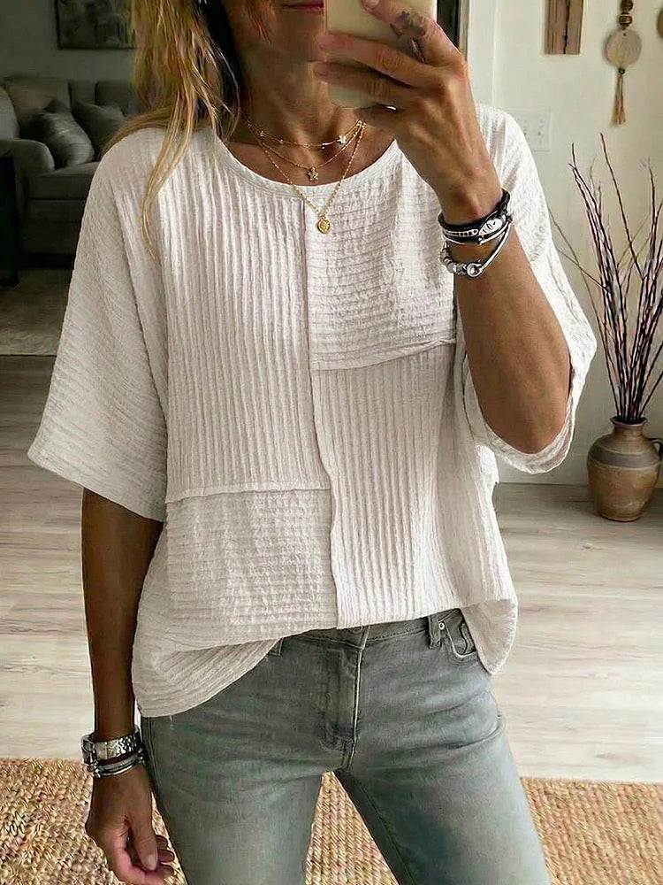 Women'S Casual Daily Special Texture Fabric Splicing Cotton And Linen Half Sleeved Top
