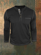 Men's Henry Pocket Long-Sleeve Color-Blocked T-Shirt