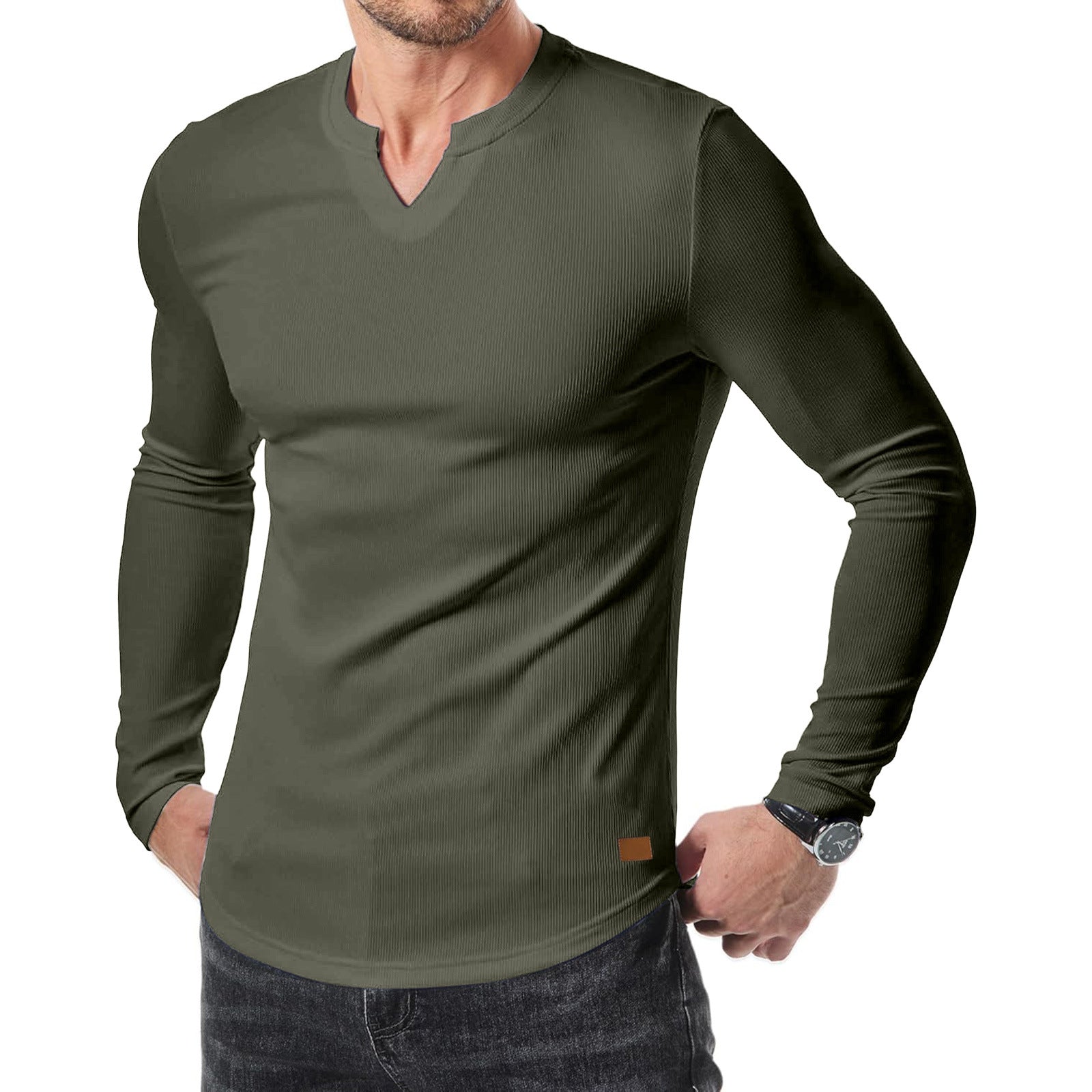 Men's Plain Casual Muscle Shirts for Men Slim Fitted T Shirt V-Neck Longline Ribbed Tees Shirts Long Sleeve Gym Workout Athletic Menswear Tops