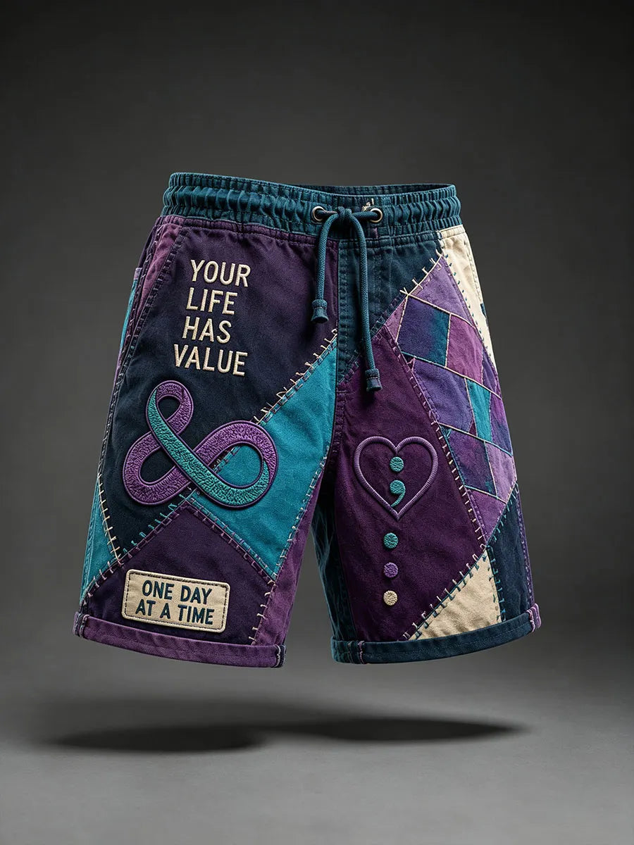 Men’s “Your Life Has Value” Mental Health Ribbon Patchwork Drawstring Shorts