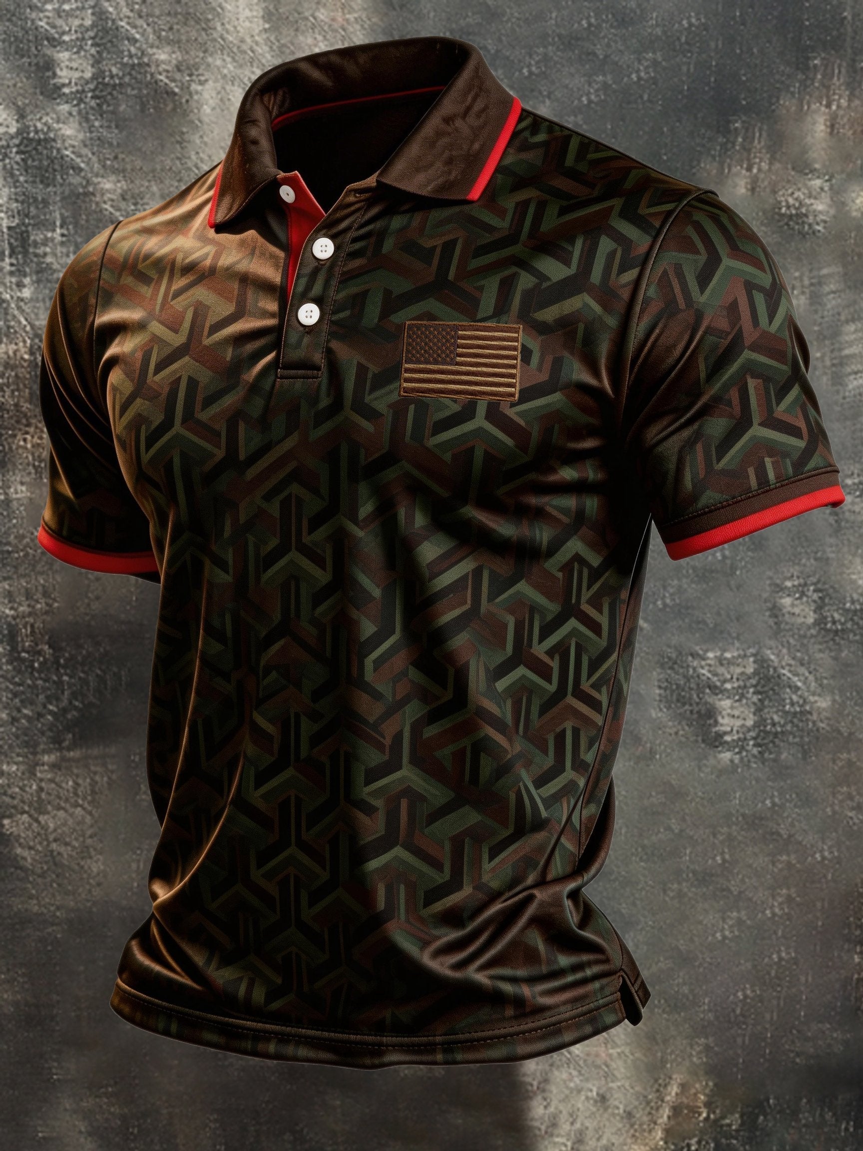 Men's Retro Patriotic Color-Block Short-Sleeve Polo Shirt