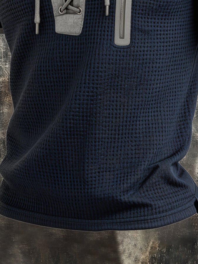 Men's Retro Color-Block T-Shirt with Tie Collar and Zipper Pocket