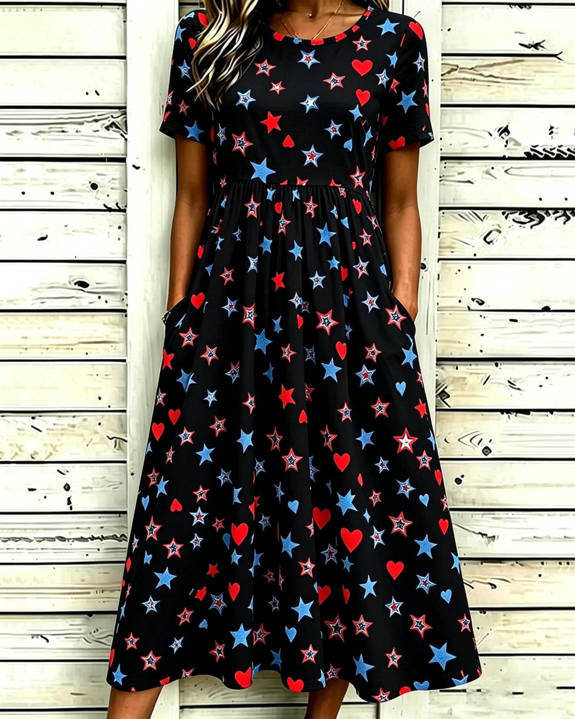 250th Anniversary Star Print Pocket Casual Dress