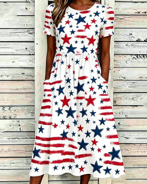 250th Anniversary Colorful Little Star Print Pocket Casual Dress