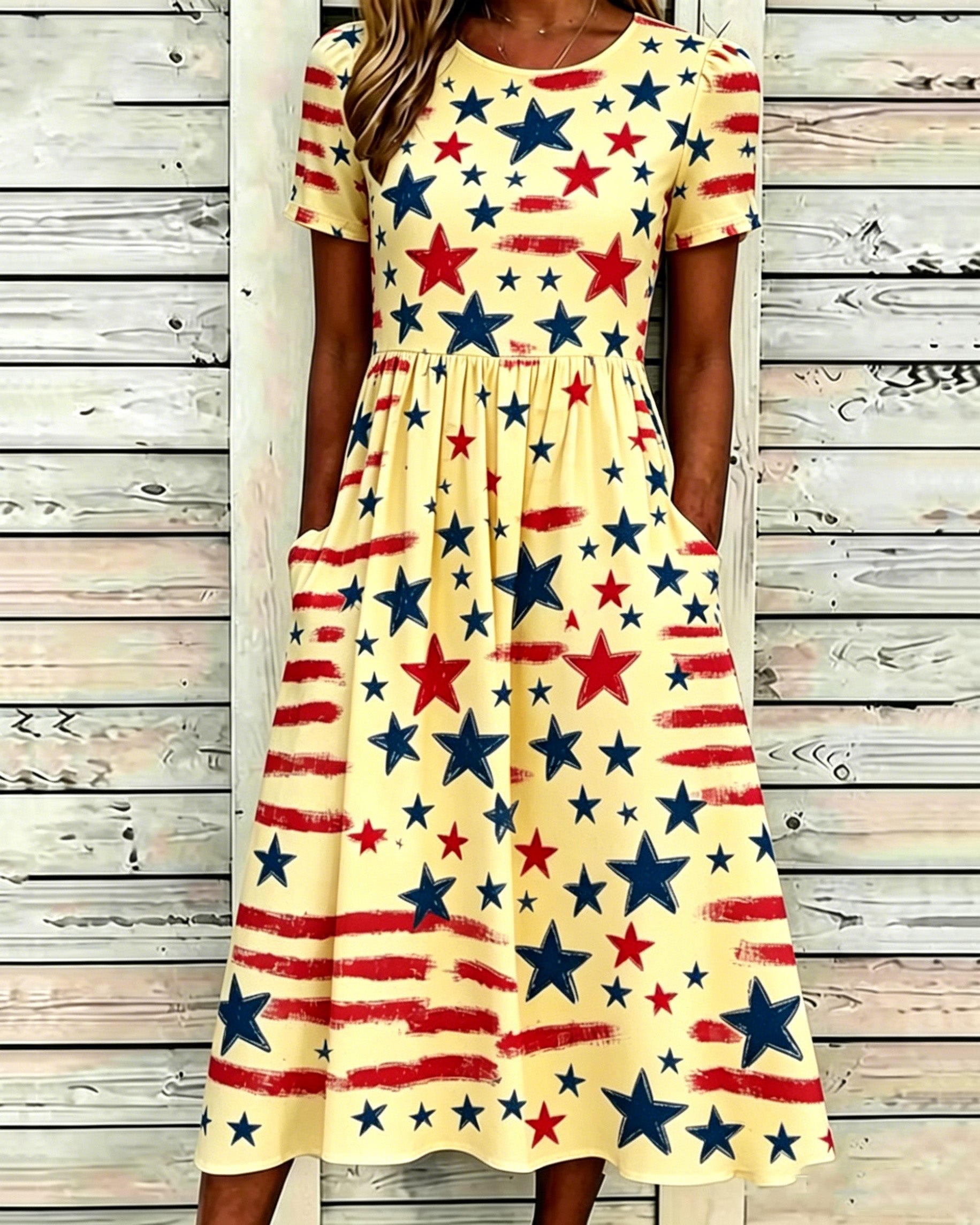 250th Anniversary Colorful Little Star Print Pocket Casual Dress