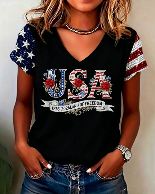 250th Anniversary Letter Flowers V-neck Short Sleeve Tshirt