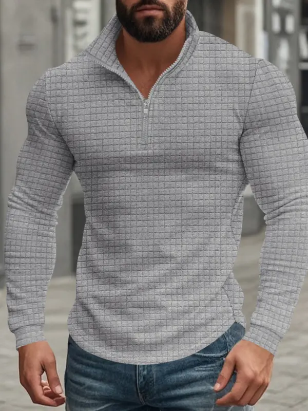 Men's American Retro Autumn And Winter Half-Zip Small Plaid Casual Stand-Up Collar Long-Sleeved Sweatshirt