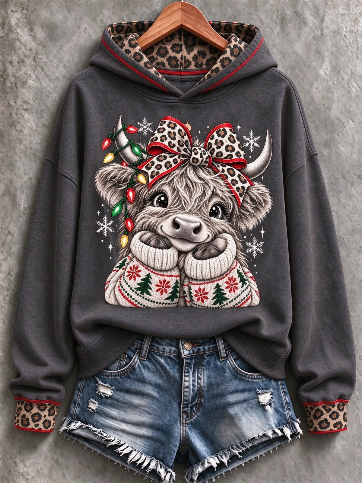 Lässiges Damen-Weihnachts-Sweatshirt mit Hochlandrind-Print und langen Ärmeln