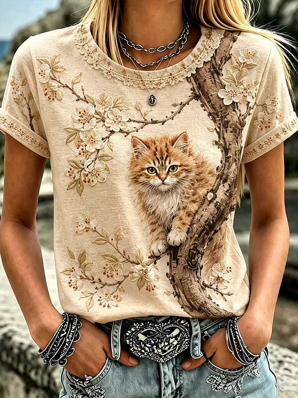 Women's Cute Cat Floral Art Print Casual T-Shirt