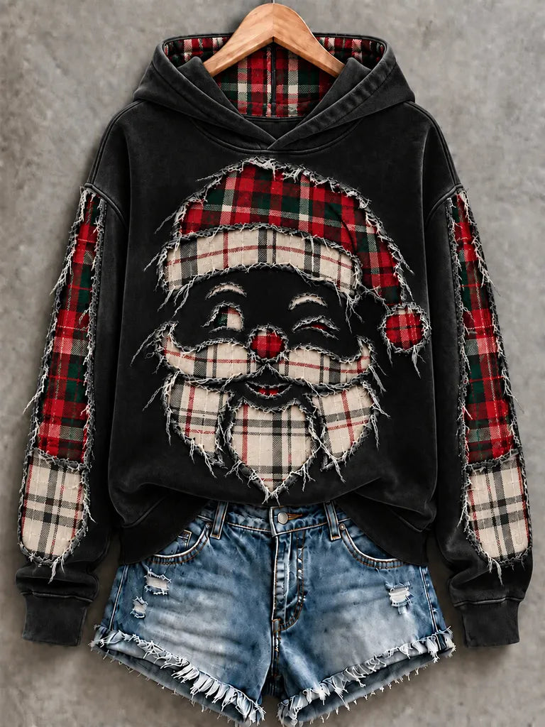 Vintage Green Buffalo Plaid Distressed Santa Christmas Hoodie