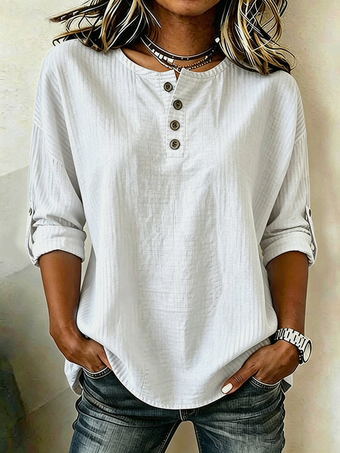 Women'S Casual Cotton And Linen 9-Quarter Sleeved Button Up Top