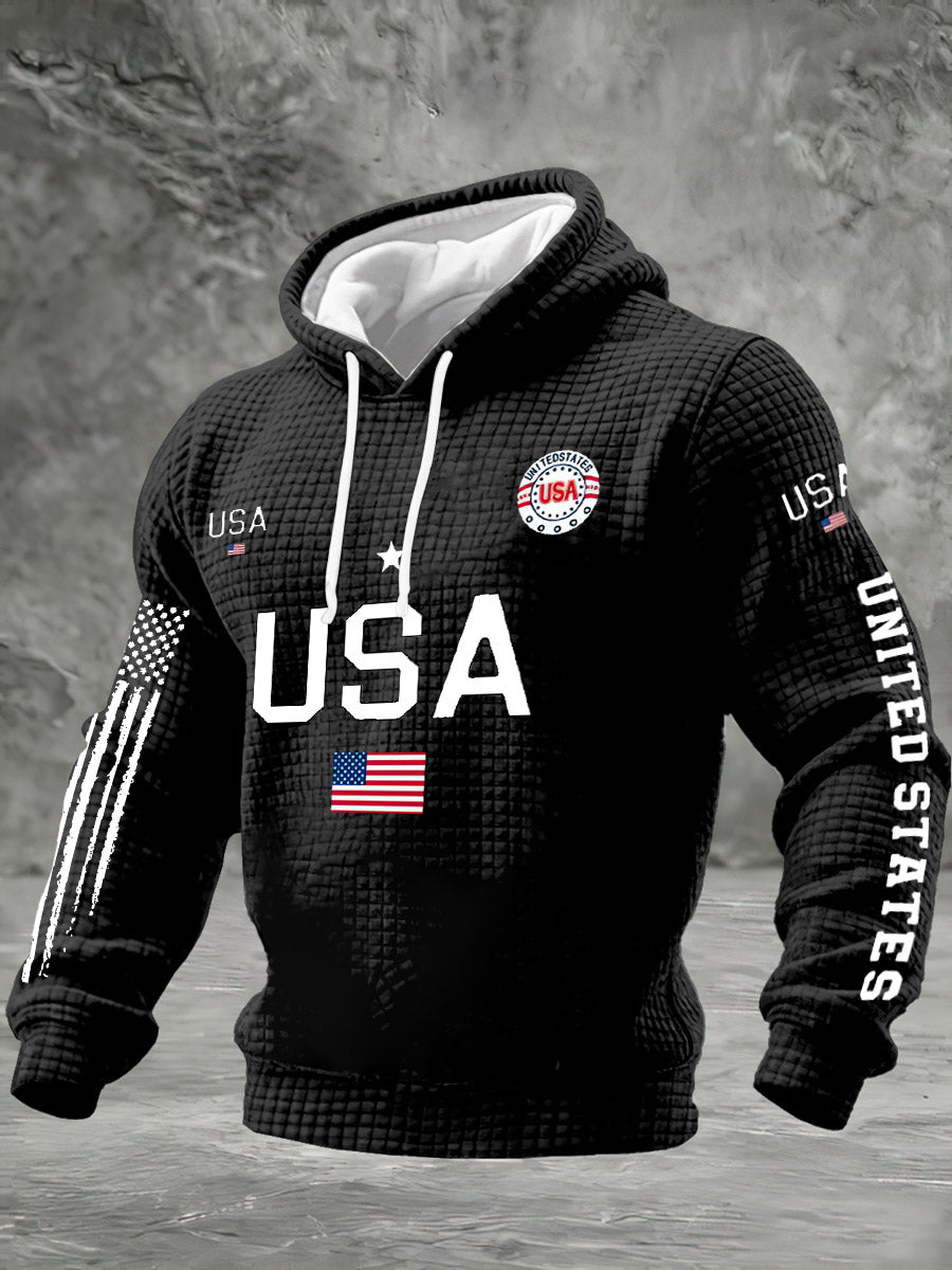 Men's Waffle American Flag Print Hooded Casual Sports Sweatshirt