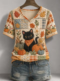 Women's Fall Season Cute Black Cat Print Casual V-Neck Tee