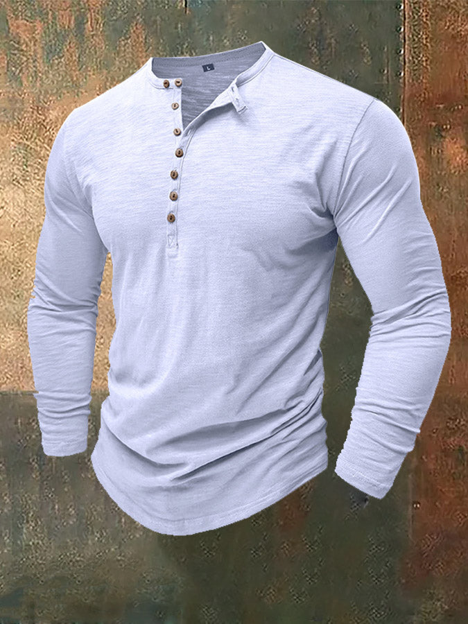 Men's Henley Collar Bamboo Cotton Long-Sleeved Top