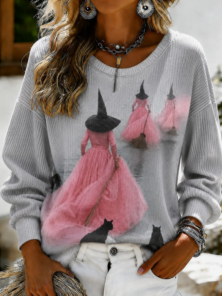 Women'S Pink Witch-Themed Casual Sweatshirt
