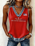 Women's One Nation Under God Cross Star US Flag Patch Trim V-Neck Sleeveless Casual Tank Top