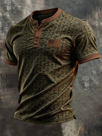 Men's Retro Patriotic Color-Block Short-Sleeve Henley T-Shirt