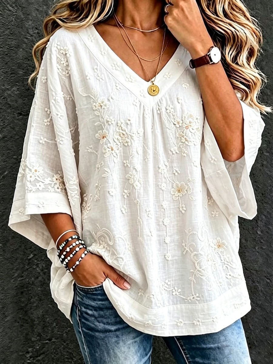 Women'S Cotton And Linen Floral Casual Vacation Top