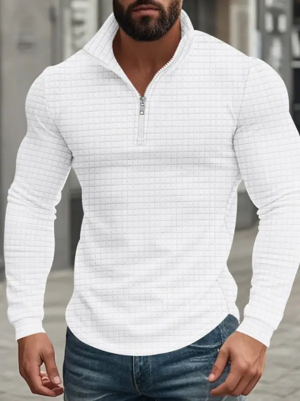 Men's American Retro Autumn And Winter Half-Zip Small Plaid Casual Stand-Up Collar Long-Sleeved Sweatshirt