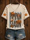 Women's Fall  Pumpkin Season V-neck Off-shoulder Short Sleeve T-shirt