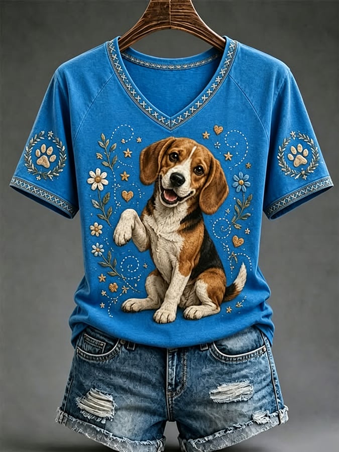Women's Retro Dog Art Print  T-Shirt