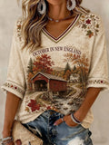 Women's OCTOBER IN NEW ENGLAND Printed Mid-length Sleeves V-neck T-shirt