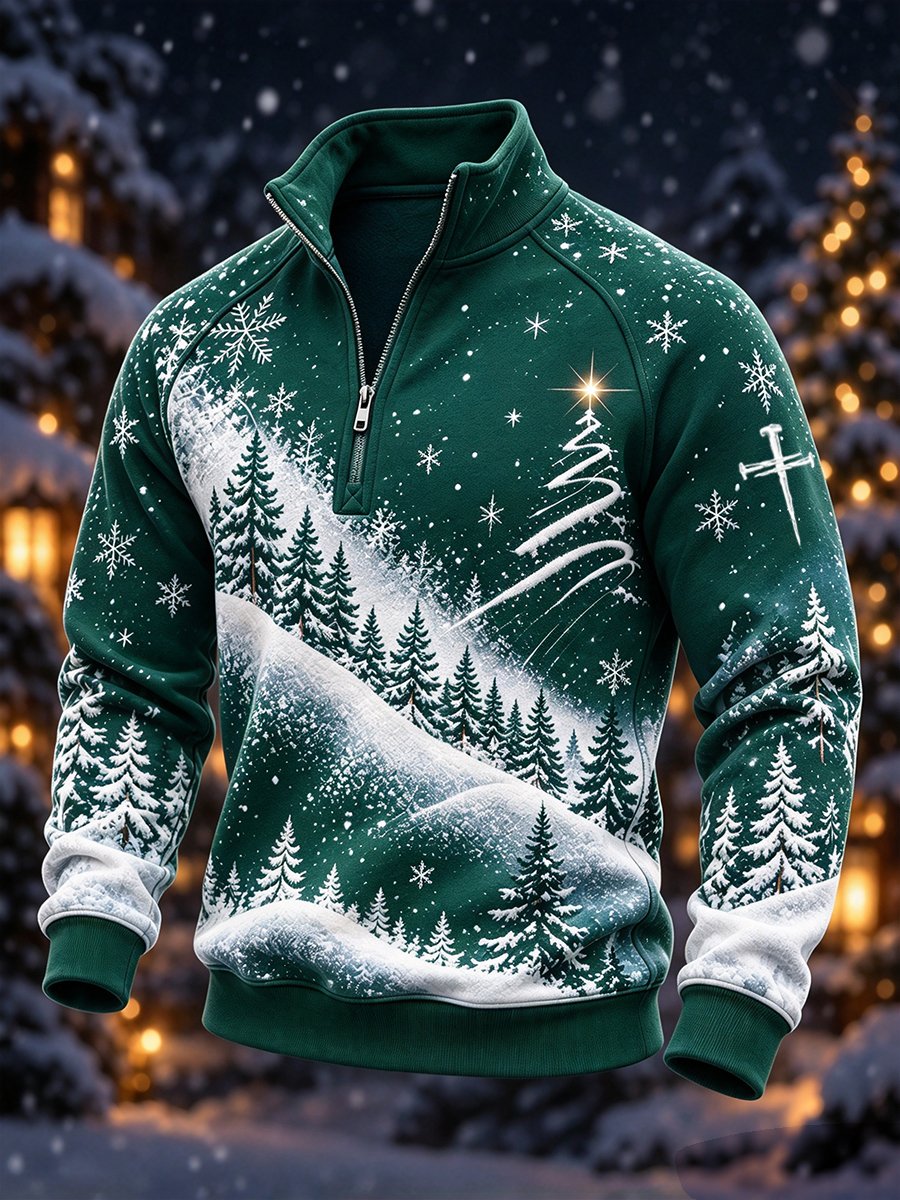 Men's Winter Faith-Themed Stand-Collar Christmas Top