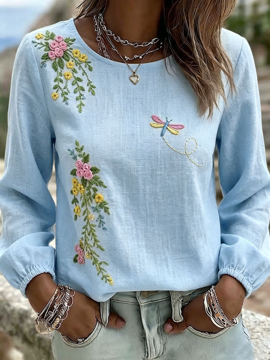 Women'S Casual Floral Print Cotton Linen Top