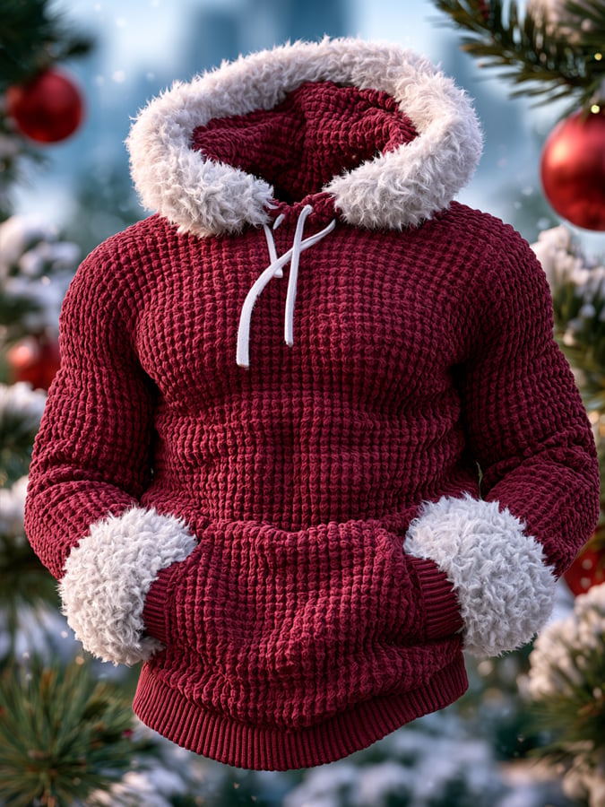 Men's Thermal Waffle-Knit Color-Block Christmas Hoodie with Paneled Design