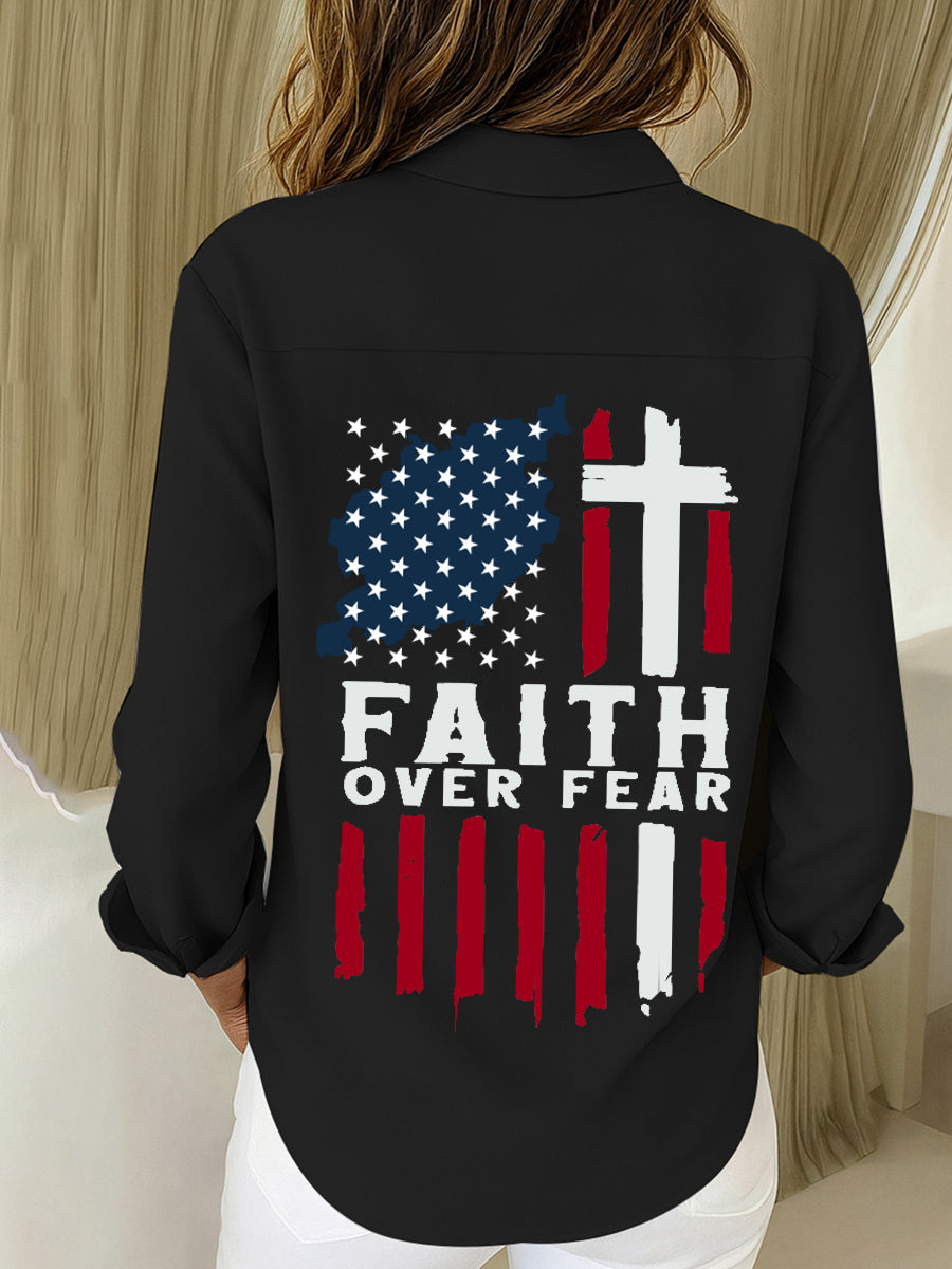 Women's Faith Over Fear Print Casual Cotton Linen Shirt