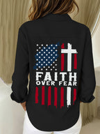 Women's Faith Over Fear Print Casual Cotton Linen Shirt
