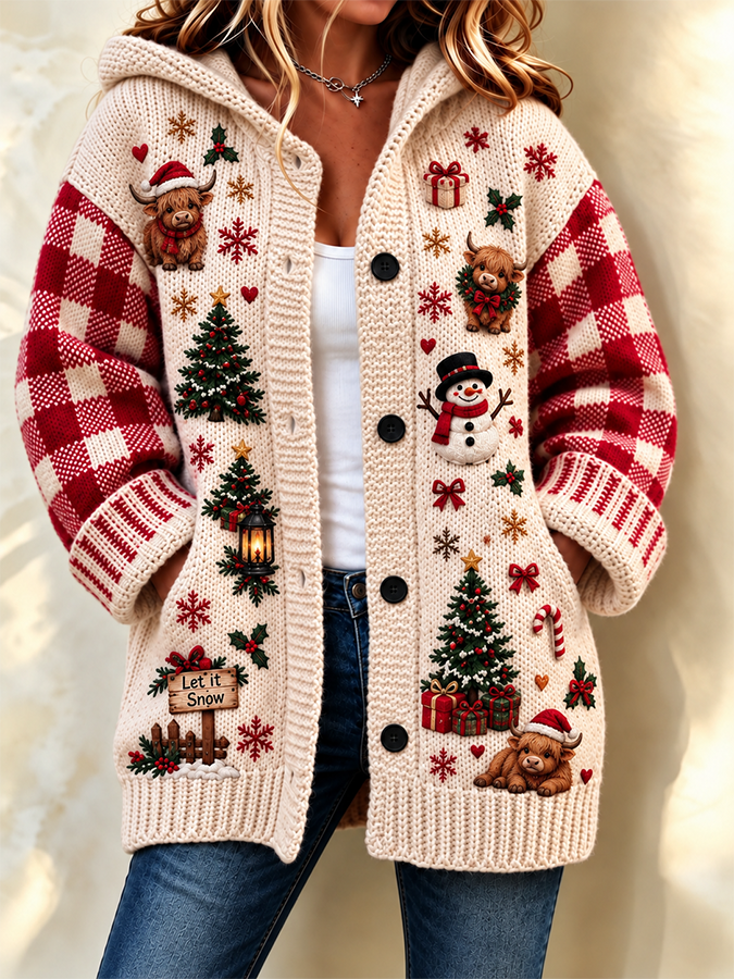 Women'S Christmas Highland Cow Print Casual Cardigan
